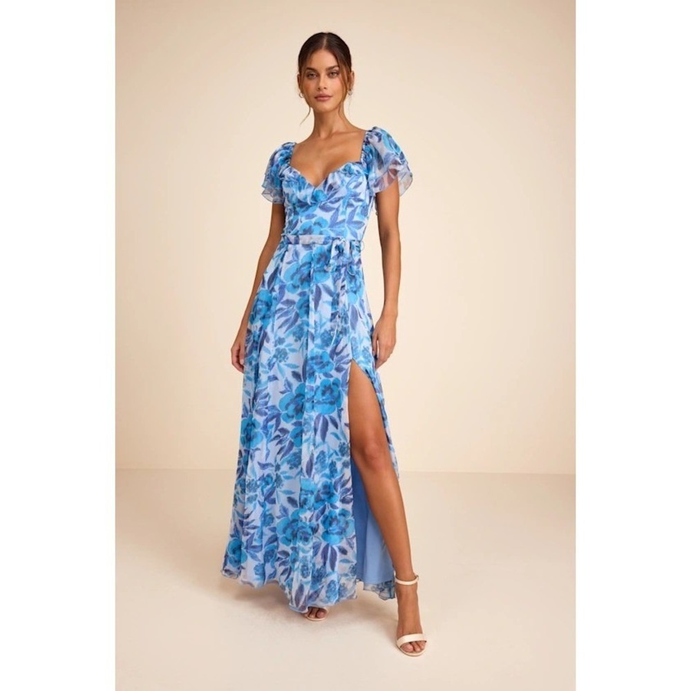 NWT Lulus Sensationally Sweeter Blue Floral Ruffled Maxi Dress Lace Up Large